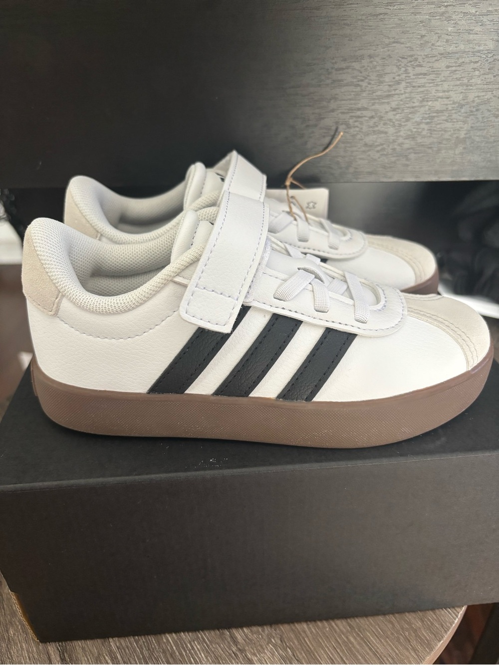 adidas Kids White Sneakers with Black Stripes and Brown Gum Sole